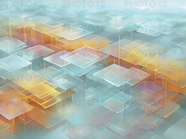 Layers of translucent squares moving in a synchronized flow, resembling dynamic data visualization,
