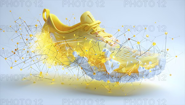 Running shoe, breaking into pixels and data points, morphing into a network of neural nodes,