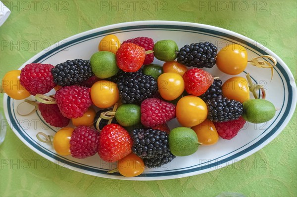 Fruit skewers arranged on serving platter, raspberries, blackberries, kiwi, physalis, bladder