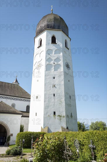 Bell tower of the Frauenwörth monastery church and Mesnerhäusl, Fraueninsel, Chiemsee, Bavaria,