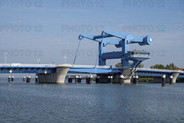 Bascule bridge on the Peenestrom, Waagebalken bascule bridge, Wolgast, Usedom Island,