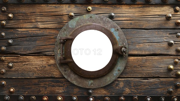 Vintage aged brass ship porthole mounted on a wooden hull with a white background. generative AI,