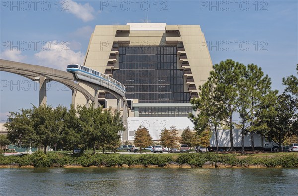 Electric monorail train leaving the Contemporary Hotel in Walt Disney World, Orlando, Florida, USA,