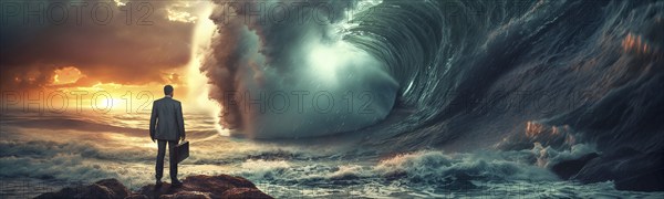 Banner of disheartened businessman standing on the shore in the midst of approaching turbulent