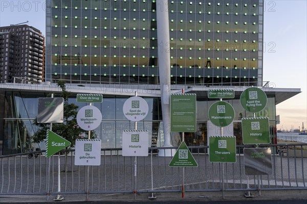 Information boards with QR code, on various topics, tourist information, at the Erasmus Bridge, on