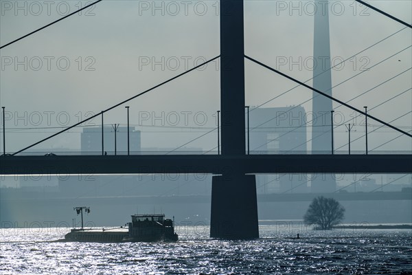 Dense fog slowly lifting, cargo ships on the Rhine near Düsseldorf, in front the Oberkassler
