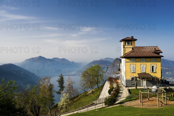 Restaurant, Monte Brè, spring, Lugano, Lake Lugano, Lago di Lugano, Ticino, Switzerland, Europe
