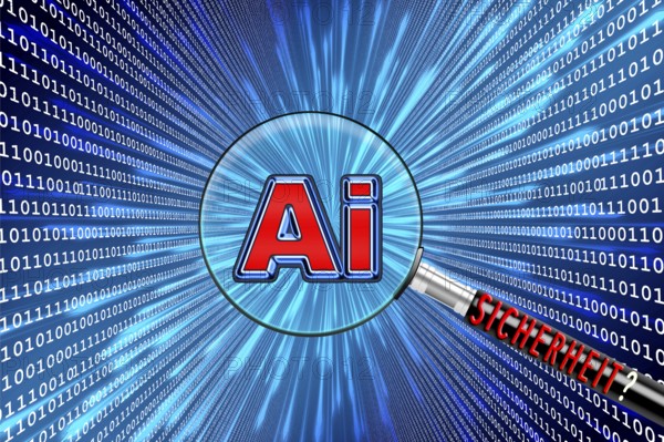 Illustration of a digital tunnel with the word 'security' pointing at a magnifying glass with 'AI',