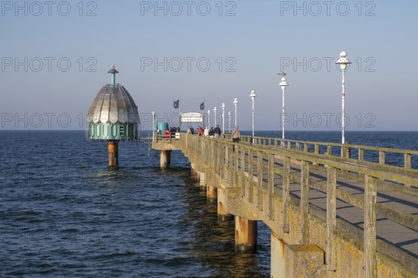 Tourists on the Vineta Bridge, pier with diving gondola, Zinnowitz, Usedom Island, Baltic Sea,