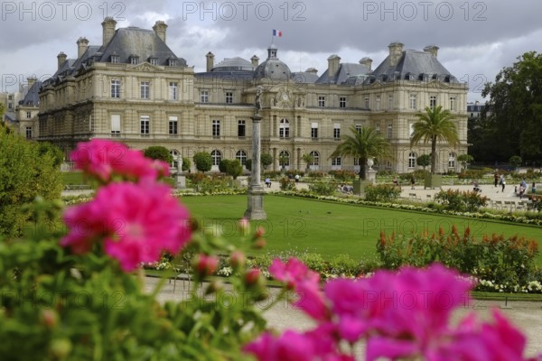 In the Jardin du Luxembourg: well-tended park with lush flowers, the Palais du Luxembourg in the