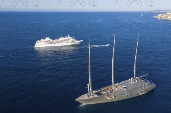 Aerial view 143 metre long three-master Sailing Yacht A, largest sailing yacht in the world, built