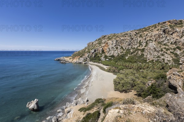 Preveli Beach, at the end of the Kourtaliotiko Gorge, south coast, Crete, Greek Islands, Greece,