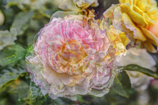 Creative shot, rose (pink), flower alienated, leaves, plants, creative, colourful, all over,