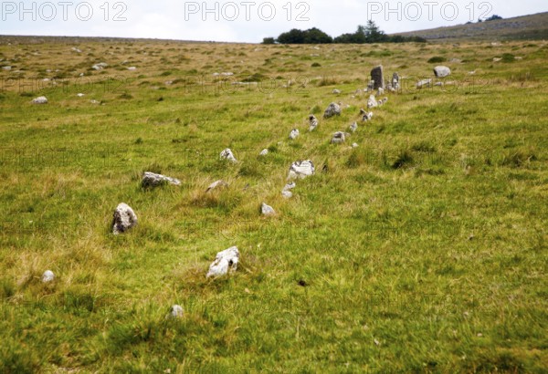 Avenue of standing stones at Merrivale ceremonial complex Dartmoor national park, Devon, England,