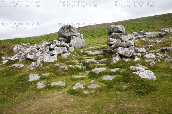 Entrance to the late Bronze age enclosed settlement site of Grimspound, Dartmoor national park,