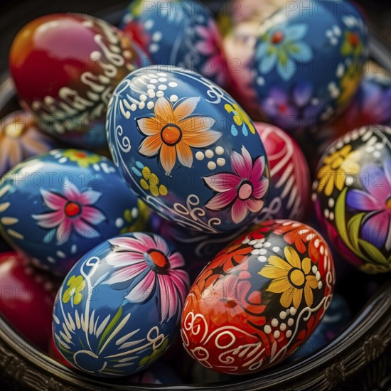 Easter celebration, featuring close up of a collection of brightly colored eggs, each intricately