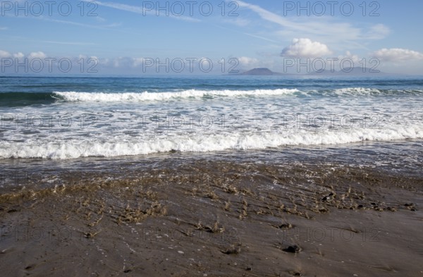 Atlantic Ocean coast beach and waves, Caleta de Famara, Lanzarote, Canary islands, Spain, Europe