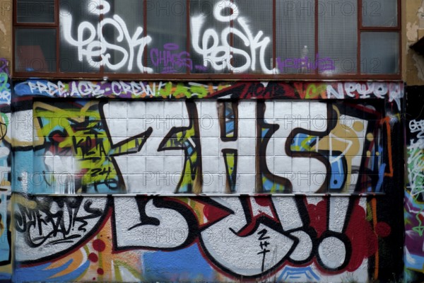 A wall full of colourful graffiti with different lettering and styles, Rhineland-Palatinate,