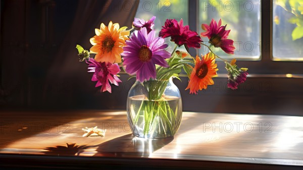 Transparent crystal glass vase with vibrant blooming flowers, AI generated