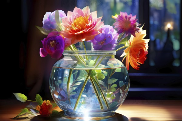 Transparent crystal glass vase with vibrant blooming flowers, AI generated