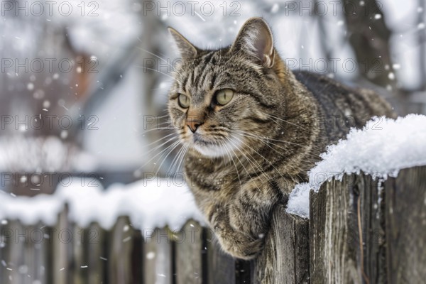 Cat sitting on snow covered fence in winter. Generative Ai, AI generated