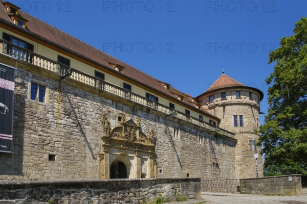 Portal, gate, round arch, bridge, cobblestones, stone figures, coat of arms, relief, decoration,
