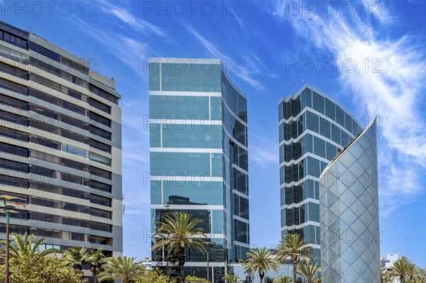 Lima, ocean view Miraflores Malecon promenade with shopping malls cafes and restaurants