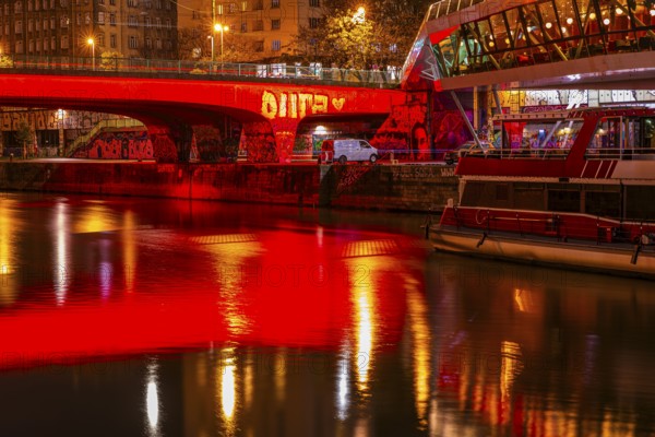 Illuminated Franz-Josefs Quay and Schwedenbrücke, on the Danube Canal, night shot, Vienna, Austria,