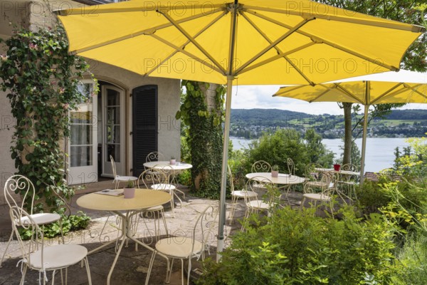 Garden terrace with café at the museum, Haus Dix art museum, former home and studio of the 20th