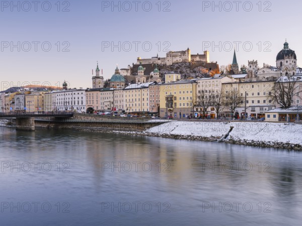 Winter Salzburg in the last light, Old Town, Cathedral, Fortress Hohen Salzburg, Salzach, Salzburg,