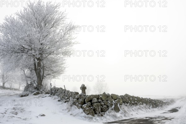Aubrac plateau. Stone path cross in winter. Lozere department. Occitanie. France