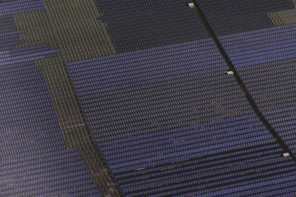 Aerial view of solar installations, taken near Marne, 25/03/2024