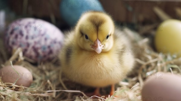 Cute newborn chick next to colorful easter eggs, generative AI, AI generated
