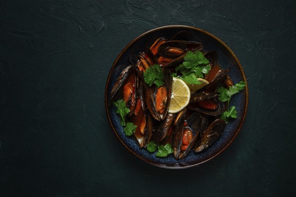 Mussels in tomato sauce, homemade, no people