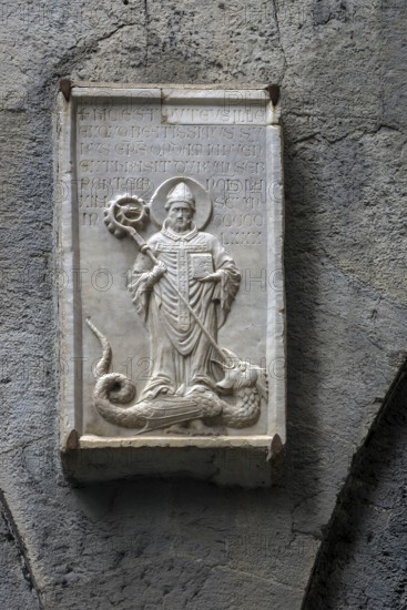 Historical depiction of St Syrus, Bishop of Genoa and the Basilisk, 4th century, Old Town, Genoa,