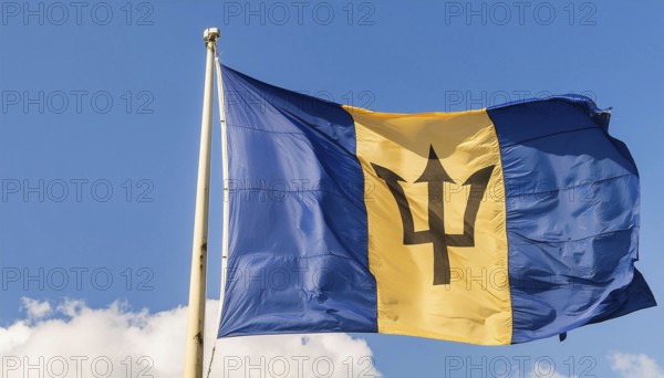 The Barbados flag flutters in the wind, isolated against a blue sky