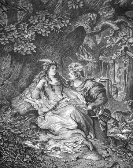 Schoen-Rohtraut, Koenig Ringang's daughter, symbolic image for a German ballad, romantic lovers in