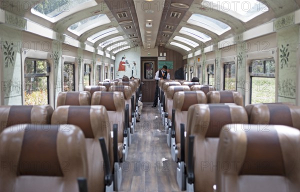 Carriage of the Perurail, interior view, travelling through the Andes from Ollantaytambo to Machu