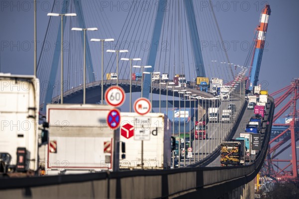 Traffic on the Köhlbrand Bridge in the port of Hamburg, spans the 325 m wide Köhlbrand, an arm of