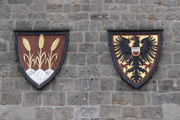 Spelt and imperial eagle in the coat of arms at the Wörnitz Gate, Dinkelsbühl, Bavaria, Germany,