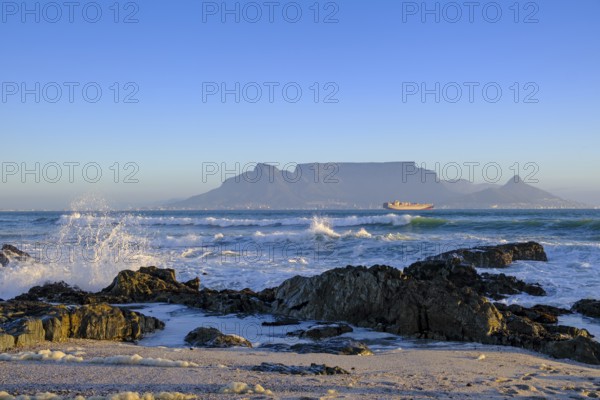 From Bloubergstrand to the silhouette of Cape Town, Cape Town, with Table Mountain, Cape Town,