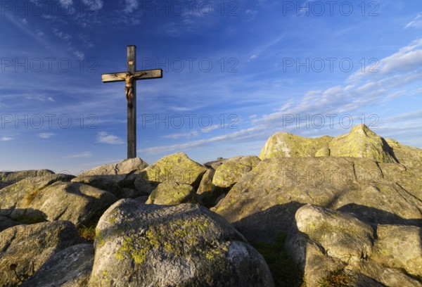 Summit cross on the Lusen (1373m), morning light, Bavarian Forest National Park, Bavaria, Germany,