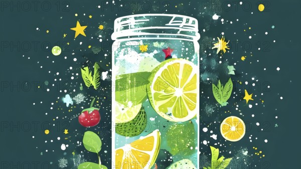 Abstract wallpaper composition with bottle of delicious green detox juice and fruits and