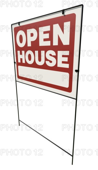 Left facing open house real estate yard sign isolated on a white background