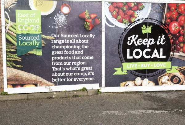 East of England Co-operative Society shop advertising boards hoardings, Woodbridge, Suffolk, UK