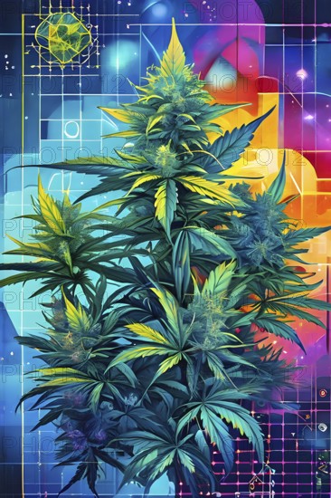 Abstract painting of chemical structure of thc and cbd interlocking geometric shapes, AI generated