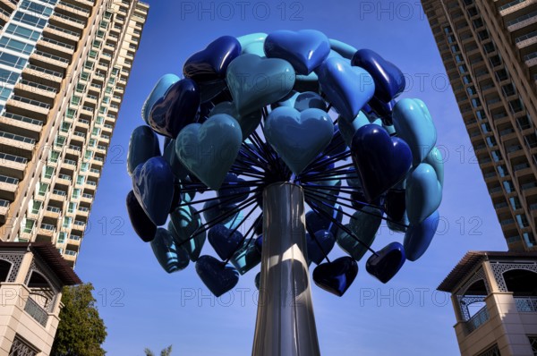 Tree of Hearts, tree consisting of blue hearts, Dubai Marina, Dubai, United Arab Emirates, VAR,