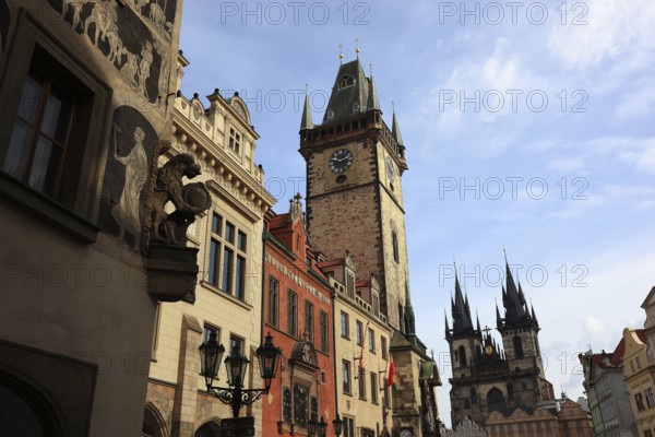 The historic Old Town Hall with the Gothic tower and the towers of the Teyn Church on the Old Town