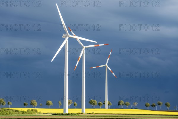 Wind turbines on a rape field, dark rain clouds, in the Rhenish lignite mining area, near