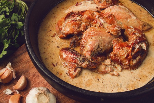 Shkmeruli, fried chicken, in milk-garlic sauce, Georgian cuisine, homemade, close-up, no people